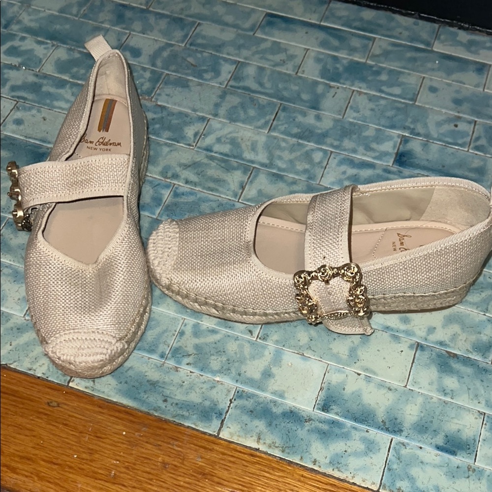 Sam Edelman Cream Espadrille Mary Jane Flats with Gold Buckle